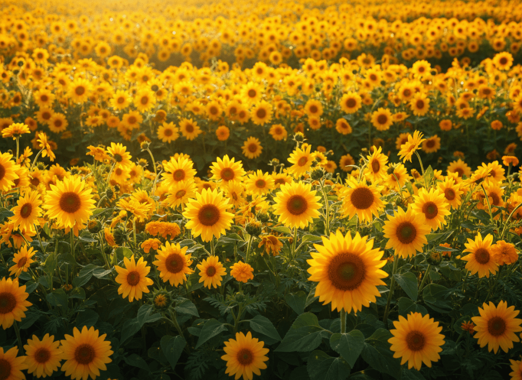 A bright, vibrant banner of yellow flowers in full bloom, sunlit, cheerful and lush, wide landscape orientation, high brightness, golden sunlight
